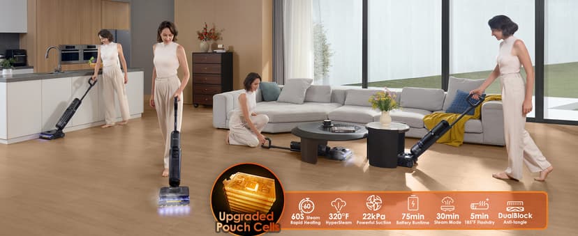 Tineco Floor One S7 Stretch Steam Cordless Wet Dry Vacuum Steam Mop All-in-One, 320℉ HyperSteam, 180° Lay-Flat, Anti-Tangle Design, FlashDry Self-Cleaning, Up to 75 Min Runtime