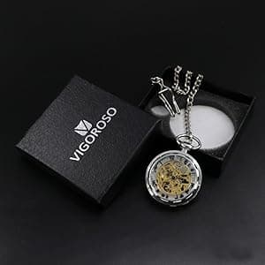 VIGOROSO Mens Classic Steampunk Pocket Watch with Chain Skeleton Hand Wind Mechanical Pocket Watches for Men & Women