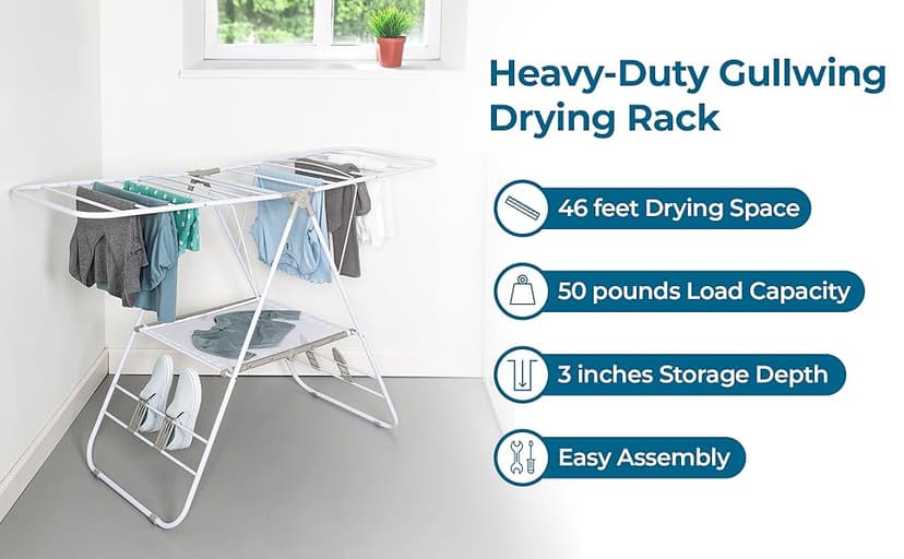 Honey-Can-Do Heavy-Duty Foldable Laundry Drying Rack – Portable Shoes & Clothes Rack for Indoor & Outdoor Use, Space-Saving Design, Easy to Fold Gullwing Design, Sturdy Metal, 50lb. Capacity, White