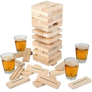 ArtCreativity Tumbling Tower Drinking Games for Adults, with 4 Glasses and 48 Wooden Blocks with Challenges, Fun House Adult Party Games for Game Night, Great Gift Idea for Everyone