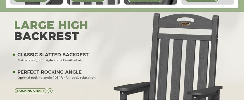 Oversized Outdoor Rocking Chair, HDPE All Weather Resistant Patio Rocking Chair, High Back Porch Rocking Chair, 380lbs Weight Capacity, Dark Grey