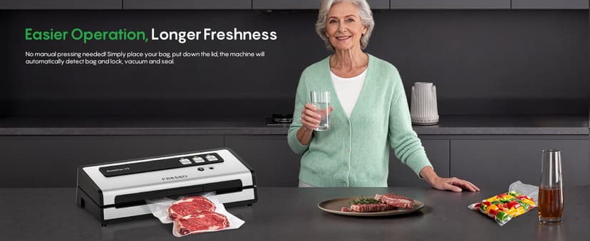 FRESKO Vacuum Sealer Machine with Automatic Bag Detection, Double Heat Seal, Compact Food Sealer, Easy to Use, Starter Kit