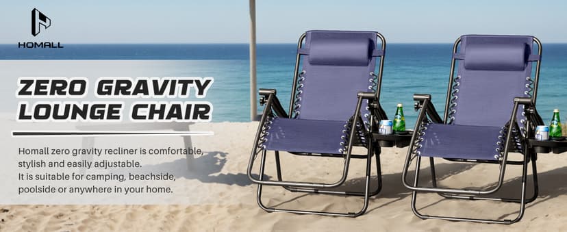 Homall Zero Gravity Chair Patio Folding Lawn Outdoor Lounge Gravity Camp Reclining Lounge Chair with Cup Holder Pillows for Poolside Backyard and Beach Set of 2 (Blue)