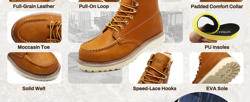 SAFETY LOONG Moc Toe Work Boots for Men Soft Toe Comfortable Full-Grain Leather 6" Non Slip and Water Resistant Safety Ankle Workboots