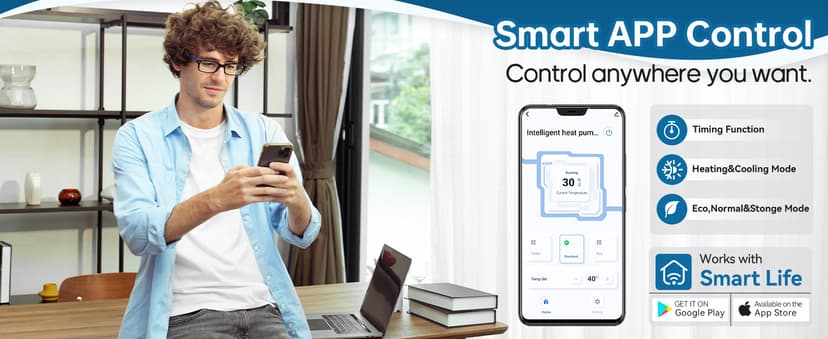 Full Inverter Heat Pump for Hot Tub and Bath, 75000BTU Electric Swimming Pool Heater, 20000 Gallons, for Above Ground and In ground Pools, WiFi Capable Timer, Heating and Cooling, Defrosting, 220-240V