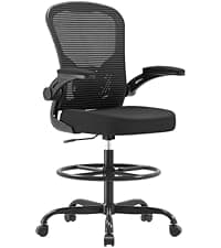 Ergonomic Drafting Chair, Tall Office Chair with Flip-up Armrests, Breathable Mesh High Desk Chair with Lumbar Support Adjustable Footrest Ring for Standing Desk Black