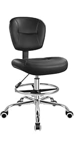 WKWKER Rolling Stool with Wheels Swivel Stool with Back Height Adjustable Chair PU Leather Rolling Chair Ideal for SPA Salon Home Office Drafting Work (Black)