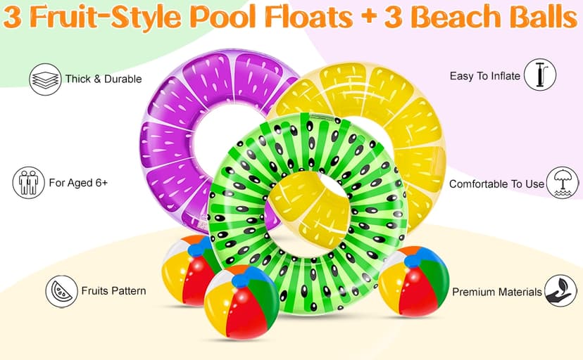 6 Pack Pool Floats Kids, 3 Pcs Inflatable Fruits Swim Tubes Rings & 3 Pcs Rainbow Beach Ball Bulk, Summer Pool Floaties for Kids Adults Swimming Float Toy Hawaiian Party Beach Water Fun Game