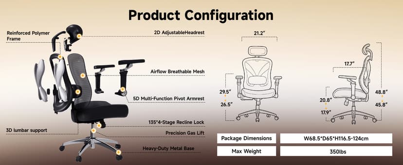 amseatec Office Chair Ergonomic Desk Chair,350 LBS Home Mesh Office Desk Chairs with 3D Adjustable Lumbar Support,5D Flip-up Arms,2D Adjustable Headrest,Comfortable Computer Gaming Chairs(Black)