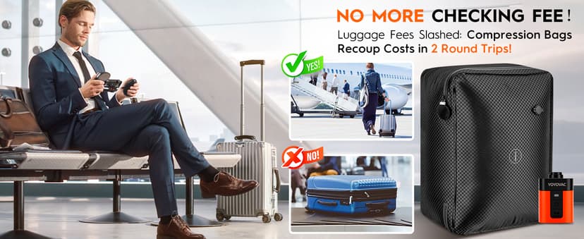 Vacuum Compression Bags with Wireless Pump – Space Saver Compression Bags for Luggage, No Checked Baggage, Triple Your Luggage Space, IP68, Reusable, Fits 20/24/28 Inch Suitcase (No Tracker)