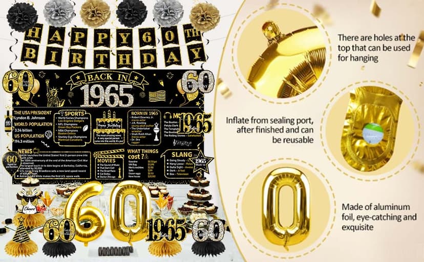 Zirtorei 60th Birthday Decorations for Men, 21pcs Vintage 1965 Banner Party Supplies, Black Gold 60 Year Old Birthday Backdrop, 60 Birthday Honeycomb Centerpiece Hanging Swirls Balloon Sash Gifts