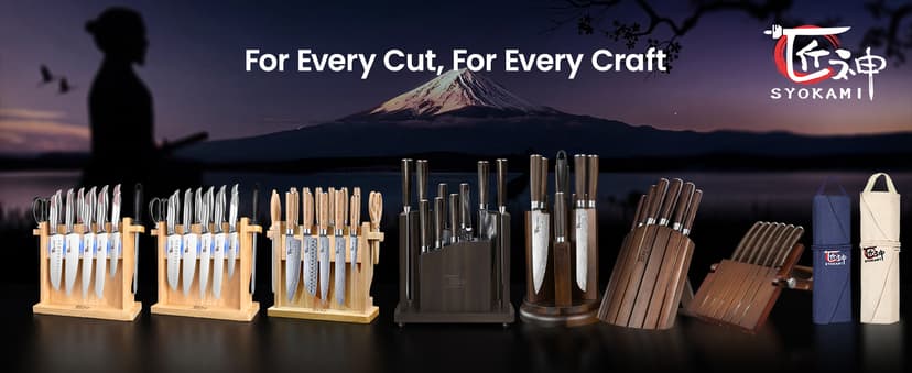 360° Rotatable Block, Japanese Style Chef Knife & Steak Knife Set with Sharpener, Wood Handle, Damascus Pattern, Ideal Gift SYOKAMI 14-Piece Kitchen Knife Set with Magnetic Block, New for 2026 B0CB122YV5