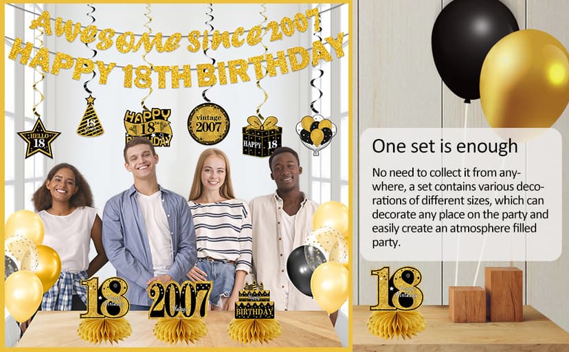 11Pcs 18th Birthday Decorations Kit for Men Women, Black Gold Happy 18th Birthday Banner, Awesome Since 2007 Centerpieces Swirls Party Supplies, Eighteen Bday Banner Ceiling Table Topper Sign