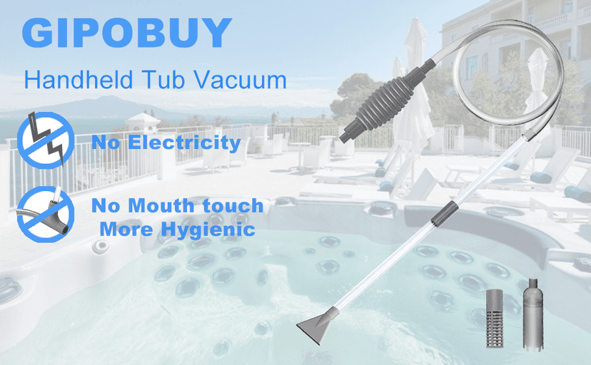 Hot Tub Vacuum Spa Vac, Manual Spa Vacuum Wand Cleaner 10ft Cordless Pool Cleaner, Hot Tub Suction Pipe Siphon Constant Suction, Handheld Flexible Hose for Dirt,Grass, Debris with 3 Cleaner Heads