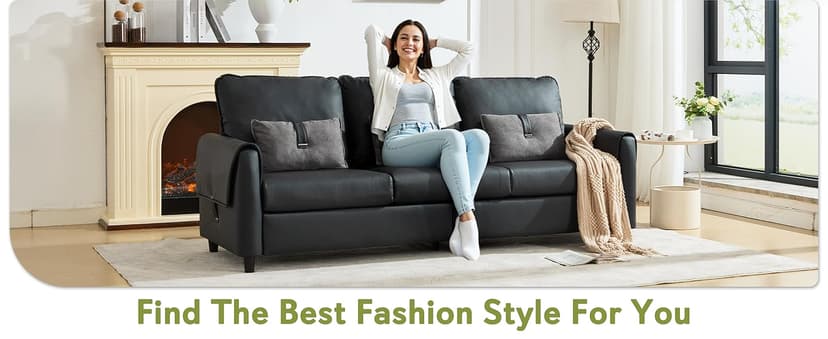 STHOUYN 88” Faux Leather Couch for Living Room, Black Office Couch Small Space, Comfy 3 Seater Couches Leather Sofa with High Backrest (Black)