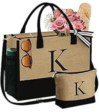 YOOLIFE Initial Canvas Tote Bag & Makeup Bag, Birthday Gifts for Women Mom Sister Friends, Bridesmaid Wedding Gifts