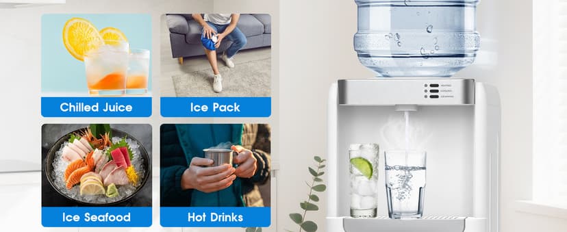 4 in 1 Water Cooler Dispenser with Ice Maker, Hot & Cold Water Dispenser for Home & Office, 33lbs/24H Bullet Ice, Top Loading 3-5 Gallon, Child Safety Lock, Ice Ready in 7 Mins (White)