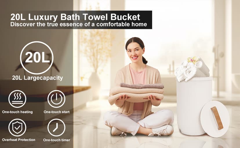 SAMEAT Heated Towel Warmers for Bathroom - Large Towel Warmer Bucket, Wood Handle, Auto Shut Off, Fits Up to Two 40"X70" Oversized Towels, White B0C7KQTXV1
