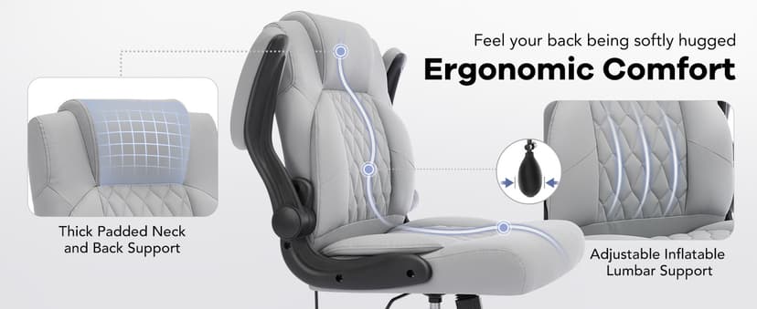 Office Chair with Adjustable Inflatable Lumbar Support,Leather Ergonomic Computer Desk Chair with Flip-up Arms,Adjustable Tilt Lock,Swivel Rolling Executive PC Chair for Work,Study,Meeting.Grey