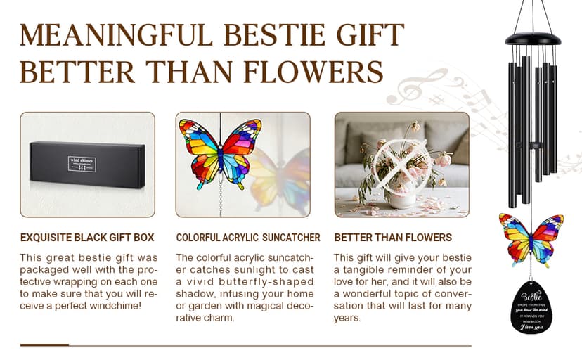 Best Friend Birthday Gifts for Women, Bestie Birthday Gifts for Women, Friendship Gift for Woman, Unique Bestie Gift Ideas for Woman Female Friend BFF, Butterfly Home Decor, Bestie Wind Chimes B0G1X9K44Y