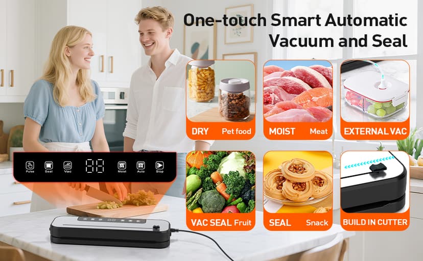 CEROBEAR Food Vacuum Sealer Machine, 75kpa Powerful Food Saver Vacuum Sealer Machine with Cutter, 6-in-1 Automatic Air Sealing for Food Storage, Sous Vide, Meat, Vegetables, Dry/Moist Modes