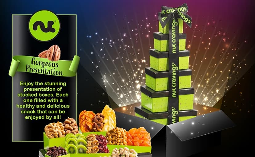 Green Tower + Ribbon, Food Arrangement, Healthy Snack Care Package, Kosher NUT CRAVINGS - Dried Fruit & Mixed Nuts Gift Basket (12 Assortments) B081294WT2
