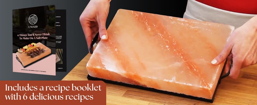 UMAID Himalayan Salt Block Cooking Plate 12x8x1.5 – Food Grade Pink Himalayan Salt Stone for Cooking, Grilling, Serving & Cutting – Includes Steel Tray & Grilling Recipe Booklet – Unique Gifts for Men & Women B07BB6HWT6