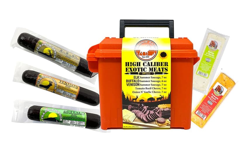 PEARSON RANCH Exotic Meats Ammo Can Gift Set Includes Elk, Buffalo and Venison Summer Sausage and 2 Blocks of Cheese, Cheese and Sausage Box (5 Items Total Inside The Ammo Can)