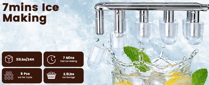 3 in 1 Water Cooler Dispenser with Ice Maker, Bottom-Loading Water Cooler Hot and Cold for Home & Office, 33lbs/24H Bullet Ice, Top Loading 3-5 Gallon, Child Safety Lock, Ice Ready in 7 Mins