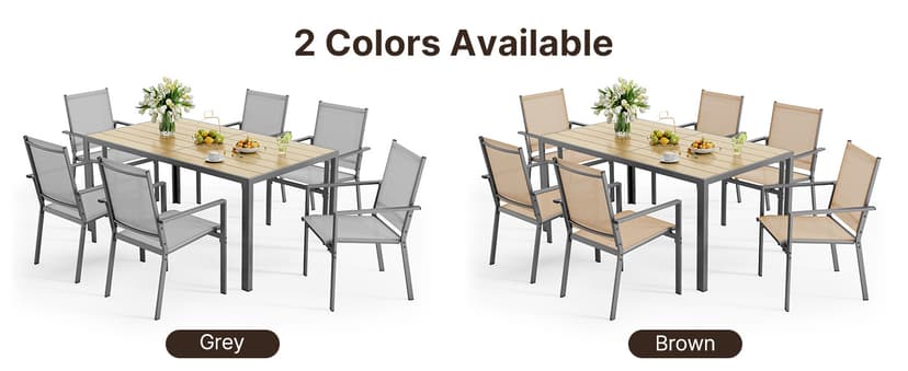 Ahomly Patio Table and Chairs Set for 6, Outdoor Dining Set Includes 59.5" Rectangle Patio Table with Side Umbrella Hole and 6 Textilene Fabric Patio Chairs for Backyard, Courtyard, Poolside, Brown