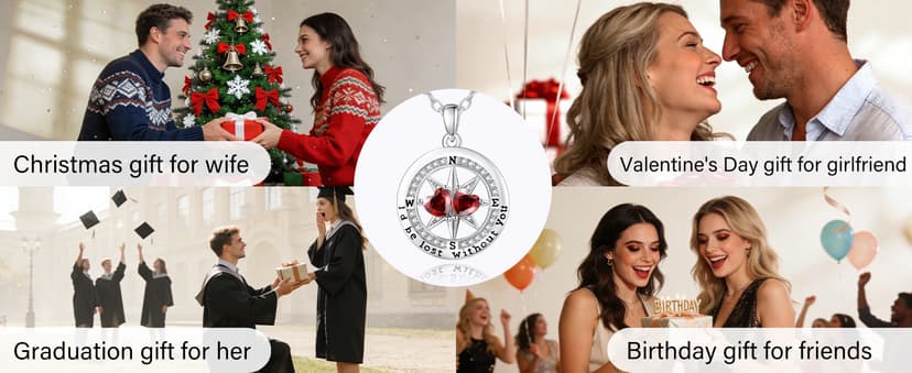 Exquisite Silver Double Birthstone Necklace Jewelry ‘I'd be Lost Without You’ Compass Birthstones Necklace Anniversary Birthday Gift for Wife Her B0GRGDWLWL
