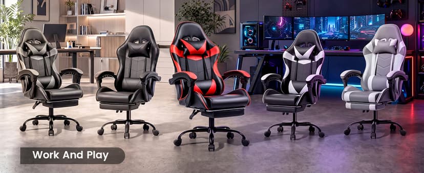 Gaming Chair, Ergonomic Computer Chair with Footrest and Lumbar Support, Height Adjustable Office Chair with 360° Swivel Seat and Headrest (Red & Black)