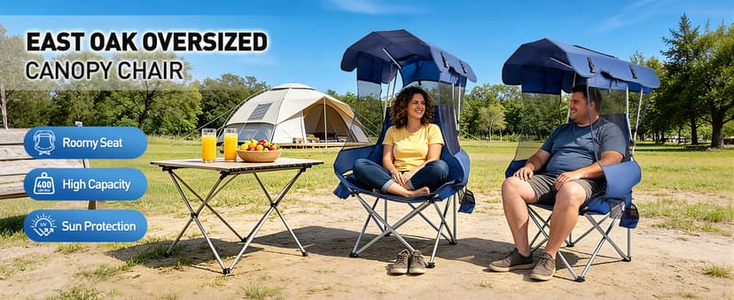 East Oak Oversized Camping Chair with Canopy | 400 LBS Heavy Duty Folding Beach Chair with Canopy Shade, Roomy Seat, Full Sun Protection, Ample Storage | Canopy Chair for Outdoors