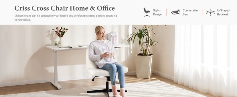 Sweetcrispy Criss Cross Chair Legged, Furry Armless Office Swivel Desk Chairs No Wheels, Vanity Height Adjustable Wide Seat Comfy Cute Computer Task Chair for Home Bedroom, Teddy Beige