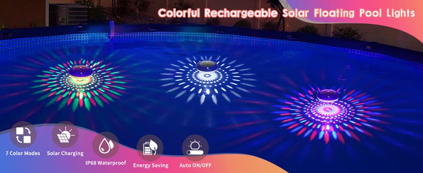 FirstE Solar Floating Pool Lights, RGB Color Changing Pool Floating Light, IP68 Waterproof LED Solar Pool Lights That Float, Hangable Auto ON Off for Above In Ground Pools Wedding Party Decoration (2)