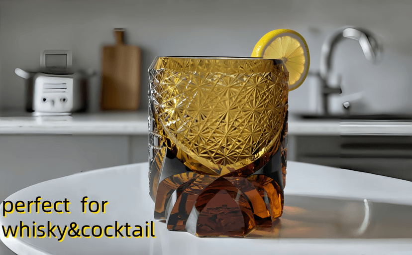 suigetsu Japanese Crystal Whiskey Glass, Cut Crystal Pattern, Luxury Cocktail Glassware (Amber)