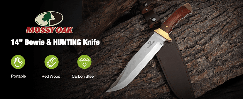 Mossy Oak 14-inch Bowie Knife, Full-tang Fixed Blade, Wood Handle Hunting Knife with Leather Sheath for Camping, Hiking, Survival