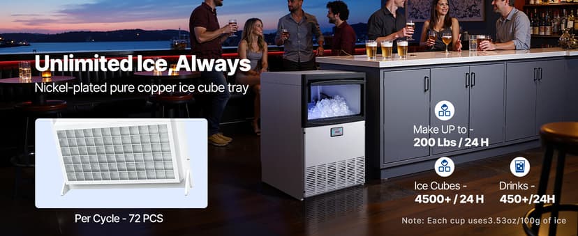 VEVOR Commercial Ice Maker Machine, 200 lbs/24h with 50 lbs Storage Capacity, Built-in/Freestanding/Under Counter, Stainless Steel Ice Maker with LED Display & Self-Cleaning, for Home Bar Restaurant