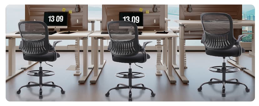 Sweetcrispy Tall Drafting Desk Chair - Ergonomic High Stool Computer with Adjustable Height and Comfy Lumbar Support, Office Rolling Counter with Flip-up Arm and Footrest, Black