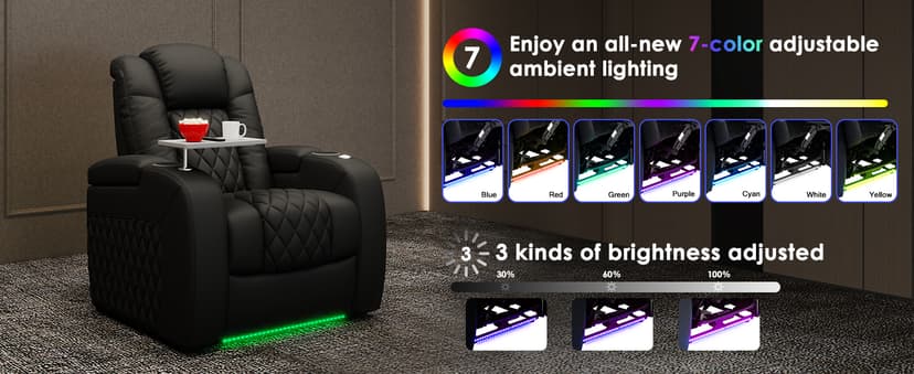 PBRO Home Theater Seating Top Grain Leather Recliner Chair, Movie Theater Chair Sofa with Power Reclining & Headrest USB Charger Ports Ambient Lighting, Black Single Seat for Home