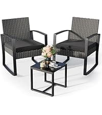 3 Pieces Outdoor Patio Furniture Set Rocking Bistro Set Outdoor Rattan Conversation with Coffee Table for Garden Balcony Backyard Poolside (Grey Cushion)