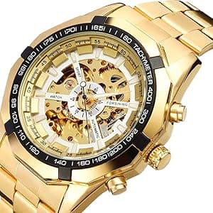 FANMIS Classic Mens Skeleton Automatic Mechanical Watches Luxury Carving Flower Craft Watch with Stainless Steel Waterproof Bracelet Wrist Watch