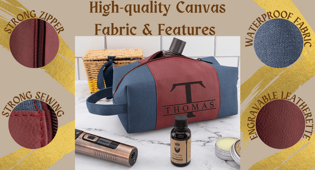 GIFTBYGIFTY Toiletry Bag for Men Personalized, Laser Engraved Initial & Name on Leather, Custom 4 Canvas Colors - Gift for Husband, Dad, Boy Friend, Handcrafted Travel Bag, Waterproof Shaving Dopp Kit