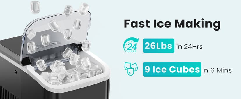 OLIXIS Ice Maker Machine with Handle,26lbs in 24Hrs,9 Ice Cubes in 6 Mins,Auto-Cleaning Portable Ice Maker with Basket and Scoop, Countertop Ice Maker for Home/Kitchen/Camping/RV, Sleek Black