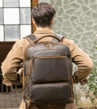Masa Kawa Leather Backpack for Men with 16" Laptop & Camera Lens Sleeve, Multi Pockets Weekend Trip Business Travel Overnight Camping Bag, Vintage Brown