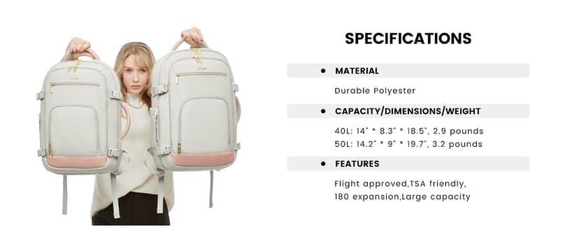 LOVEVOOK Travel Backpack For Women, 40L Carry On Backpack Flight Approved, TSA Personal Item Travel Bag Fits 17 Inch Laptop, Business Weekender Overnight Waterproof Daypack With 2 Cubes, Grey-Pink