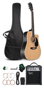 GLARRY Full Size 6 Strings Acoustic Electric Guitar Beginner Kit w/ 15W Amp, Cutaway 41 Inch Electric Acoustic Guitar w/Inbuilt Tuner, Bag, Strap, Picks, Strings, Basswood Guitarra, Distressed Black