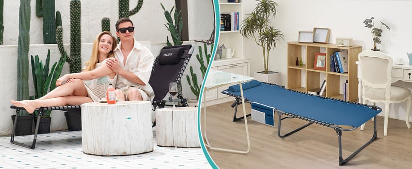 #WEJOY Folding Lounge Chair Outdoor, 5-Position Adjustable Sunbathing Tanning Chair with Shoulder Strap & Side Pocket, Heavy Duty Reclining Chair for Patio Pool Camping, Portable Folding Bed Cot,Blue