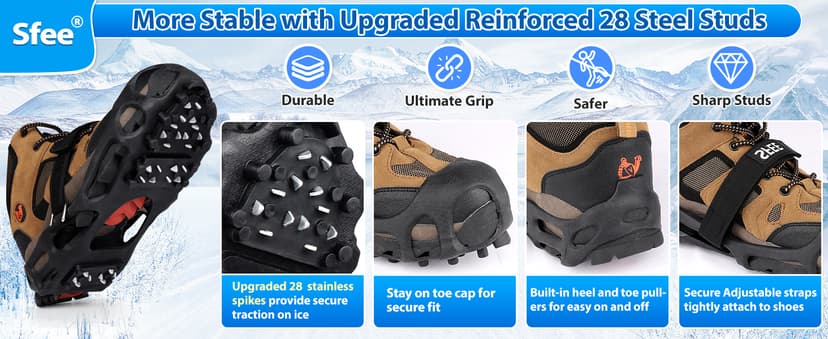 Sfee Crampons Ice Cleats for Shoes and Boots, 28 Steel Shoe Spikes Ultra-Grip Ice Cleats for Men Women Non-Slip Snow Traction Ice Grippers for Shoes and Boots for Walking, Hiking, Climbing, Fishing