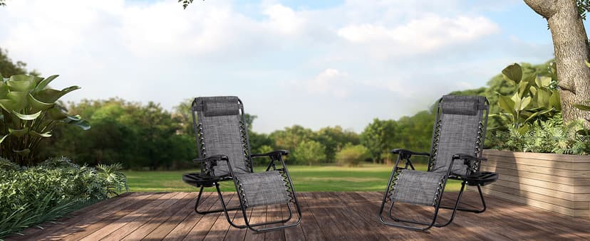Nazhura Set of 2 Relaxing Recliners Patio Chairs Adjustable Steel Mesh Zero Gravity Lounge Chair Beach Chairs with Pillow and Cup Holder(Grey)